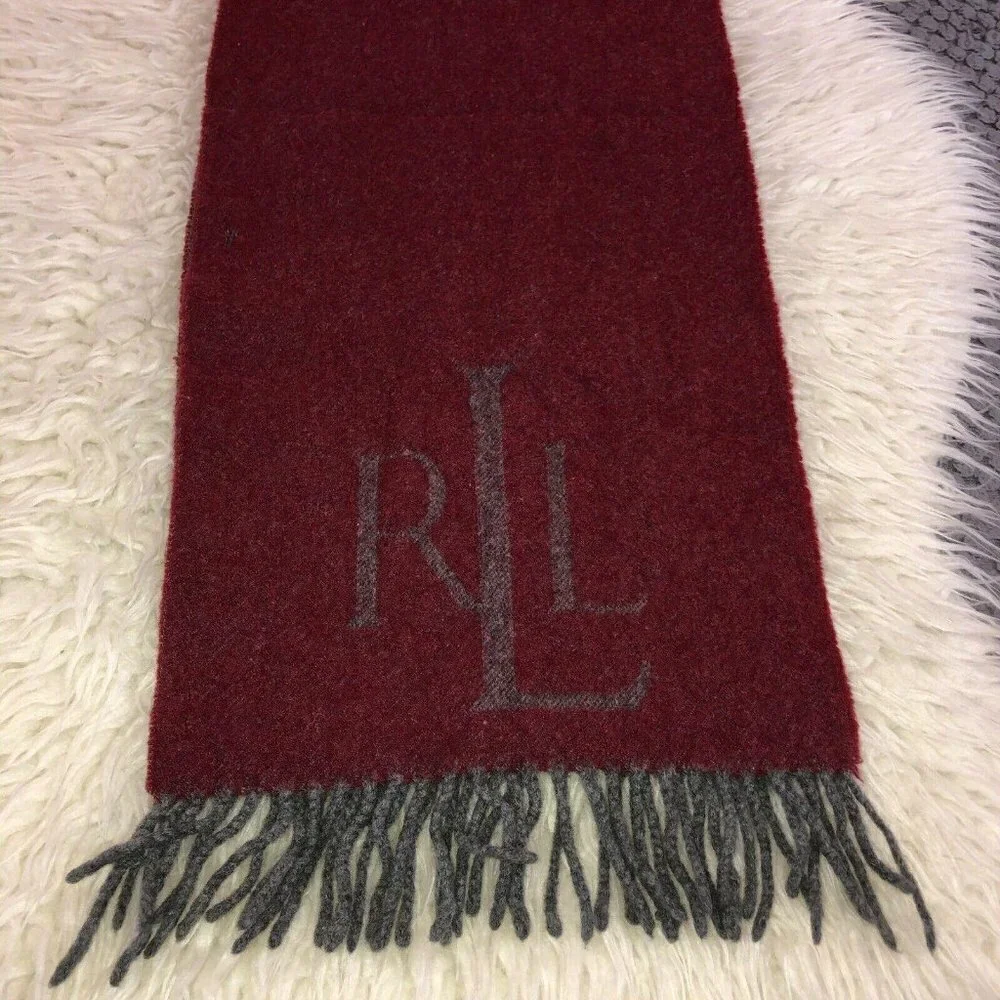 Lauren RALPH LAUREN Wool Red Gray 100% Virgin Lambswool Fringe Logo Italy